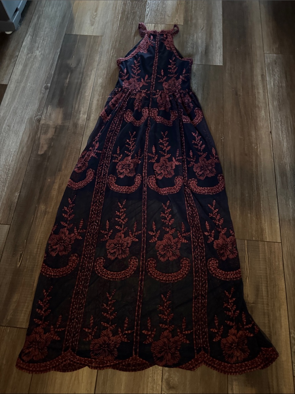 Altar’d State - Embroidered Navy and Burgundy Halter Maxi Dress - Picture 7 of 7